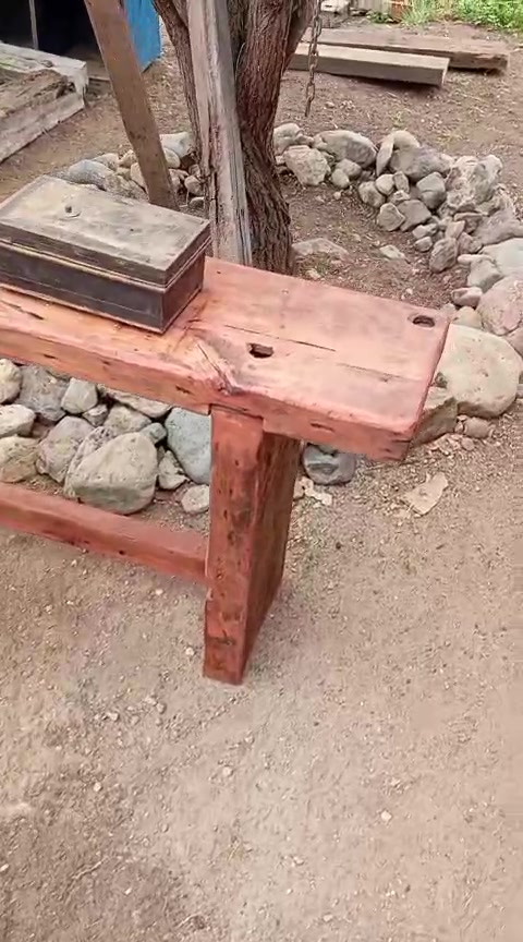 Una banca de tablón ya armada, apoyada junto a un árbol del patio